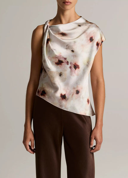 WATERCOLOR FLORAL SATIN TWIST SHOULDER TOP