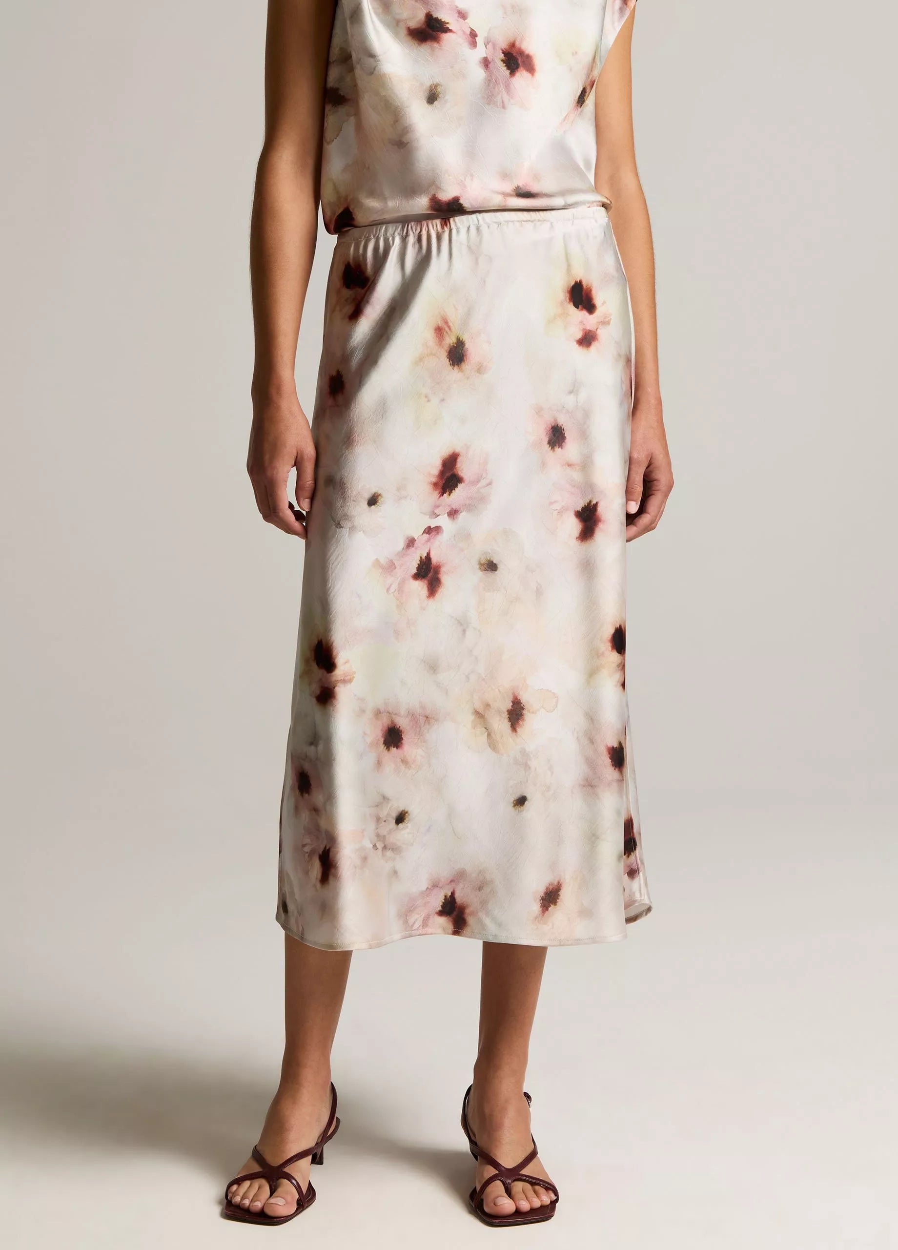 WATERCOLOR FLORAL SATIN SLIP SKIRT