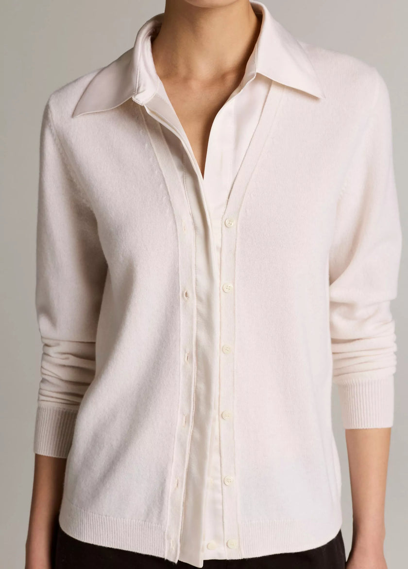 SATIN TRIMMED CASHMERE COLLARED CARDIGAN