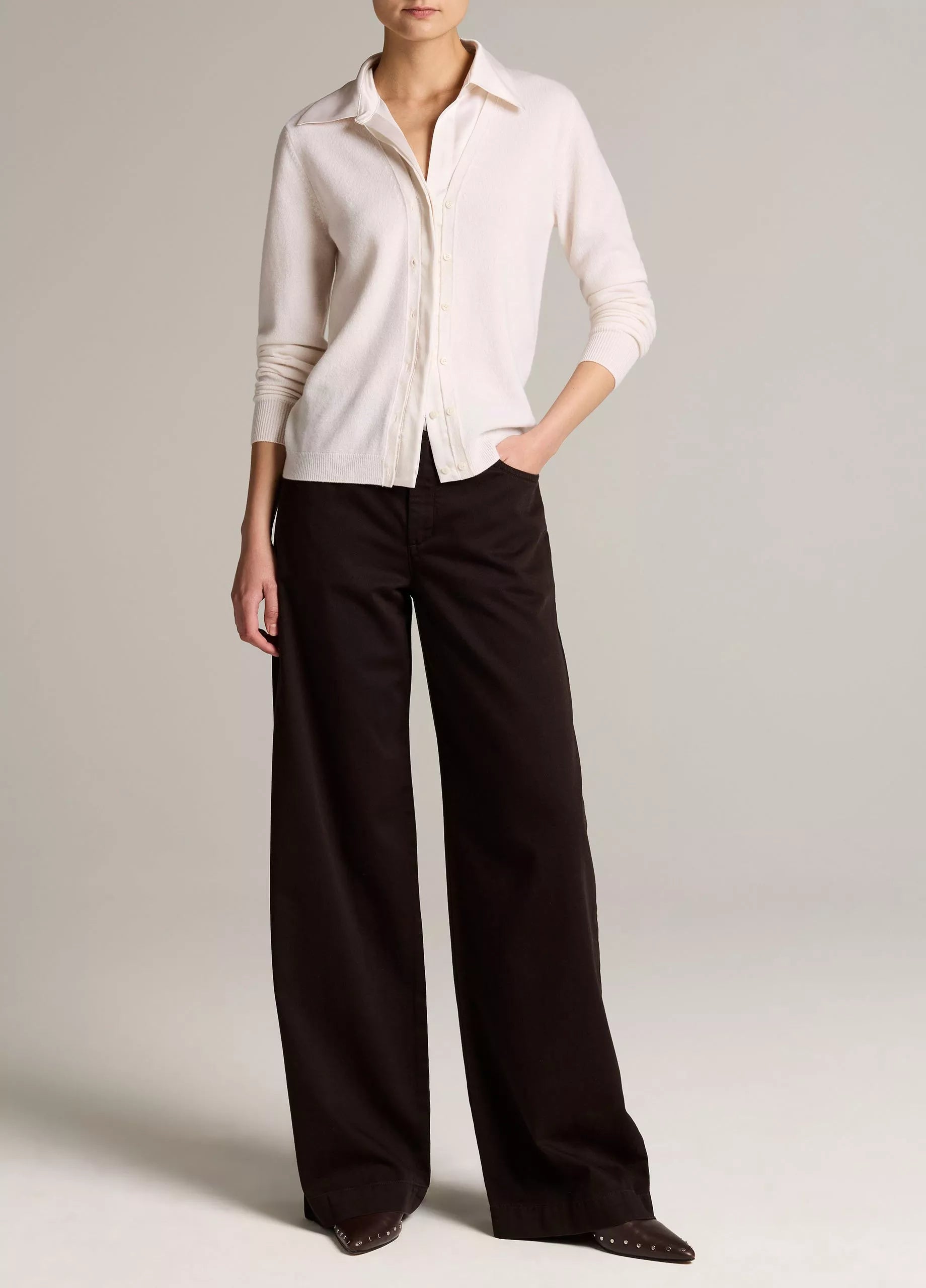 SATIN TRIMMED CASHMERE COLLARED CARDIGAN