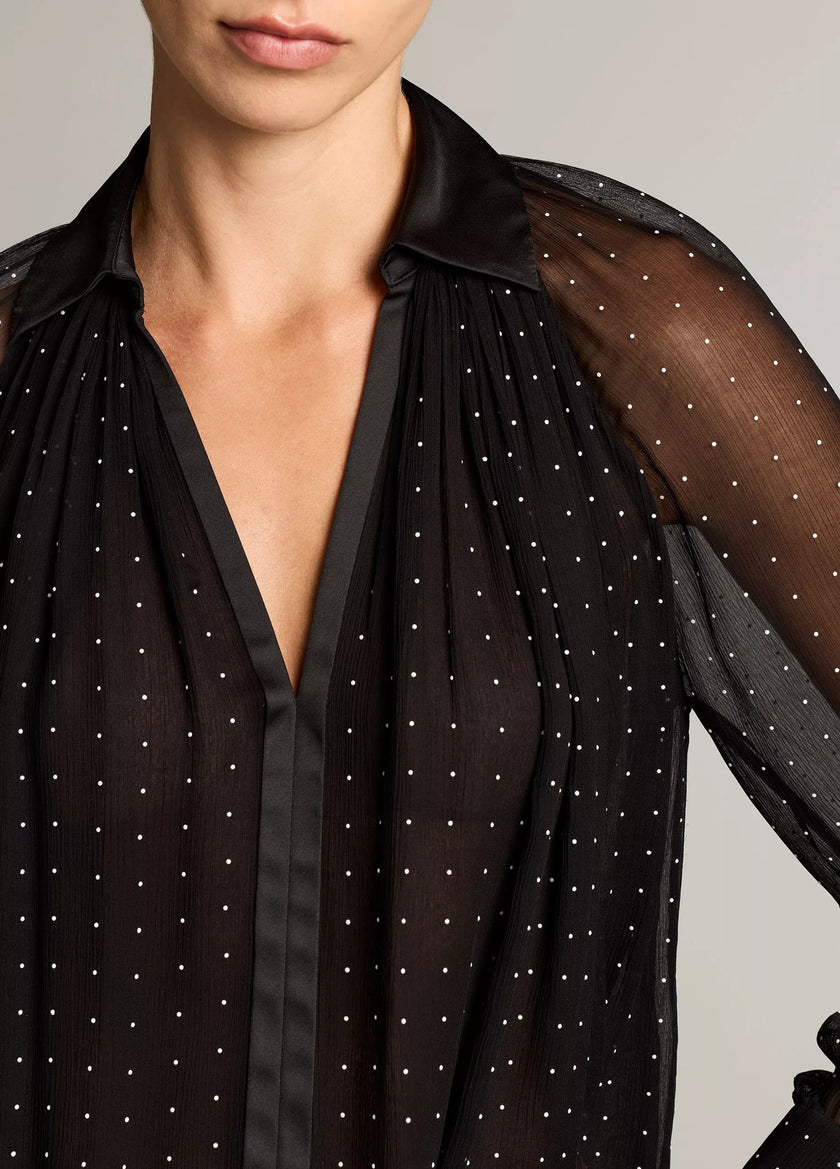 HEAT SET DOT CHIFFON GATHERED BLOUSE