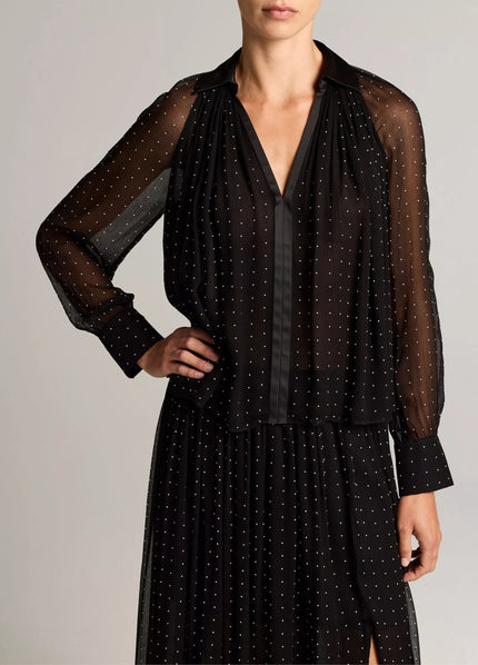 HEAT SET DOT CHIFFON GATHERED BLOUSE