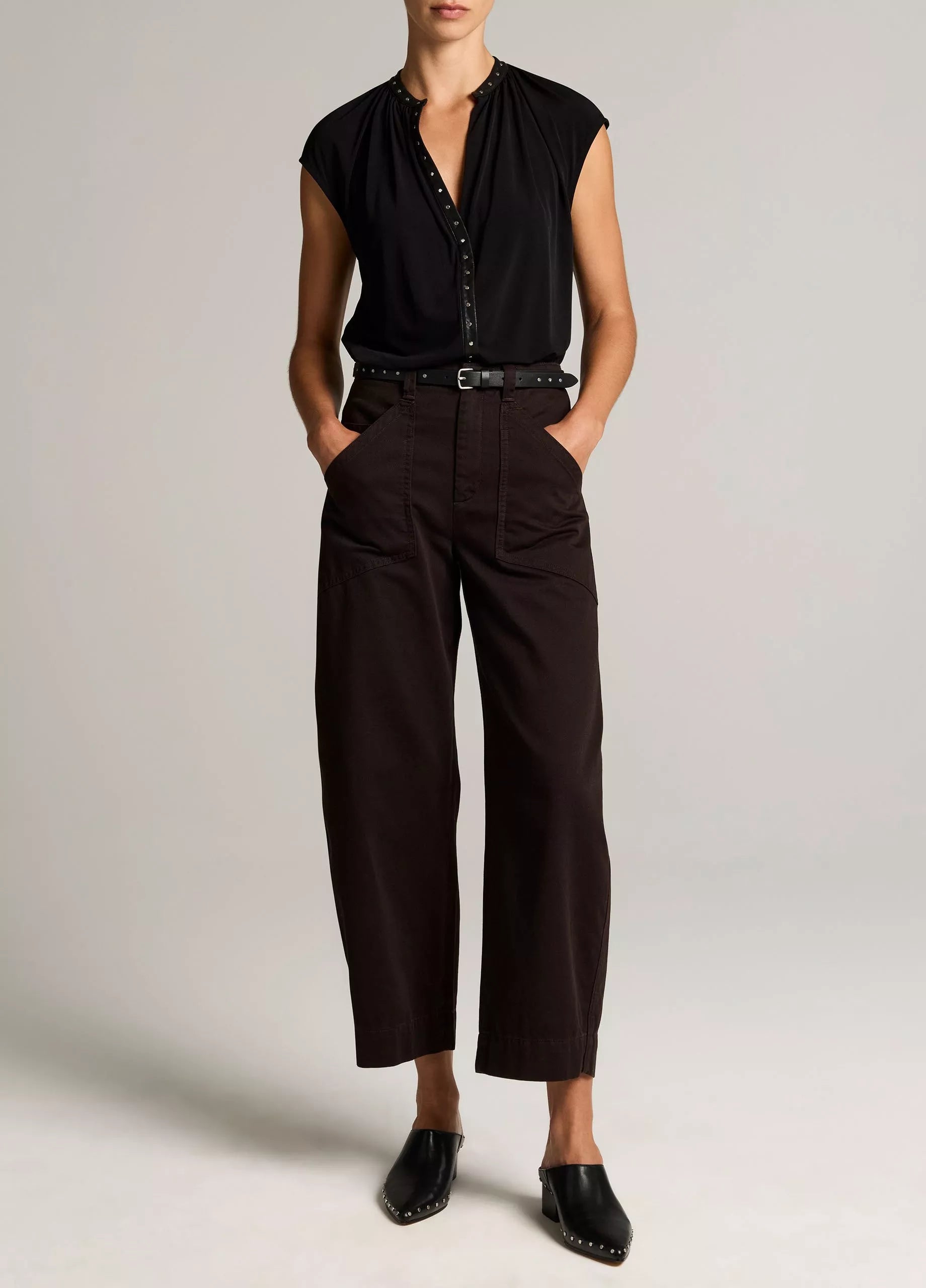 STUDDED MATTE JERSEY CAP SLEEVE TOP
