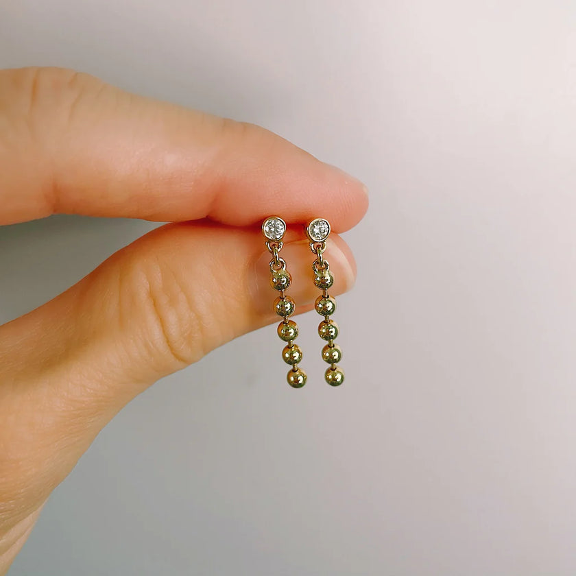 DIAMOND AND BEAD CHAIN EARRINGS 14KYG