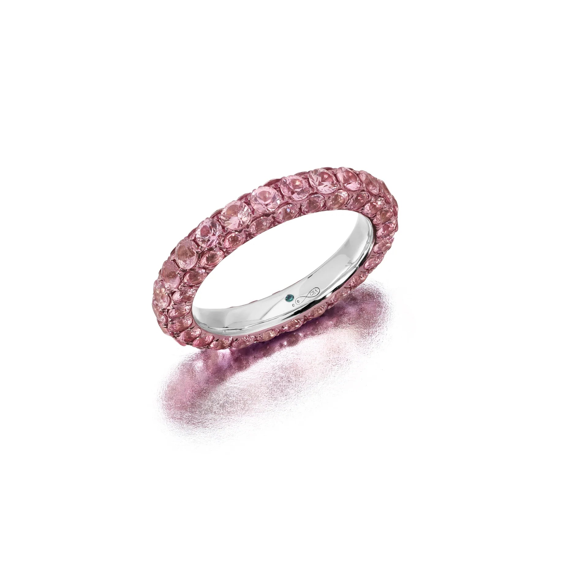 PINK SAPPHIRE AND PINK RHODIUM 3 SIDED RING