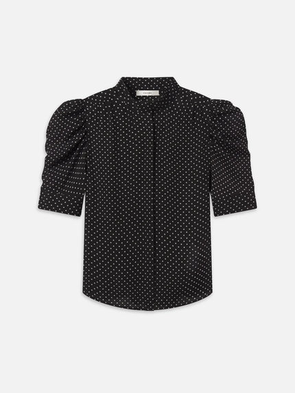 THE GILLIAN TOP IN BLACK MULTI POLKA DOTS
