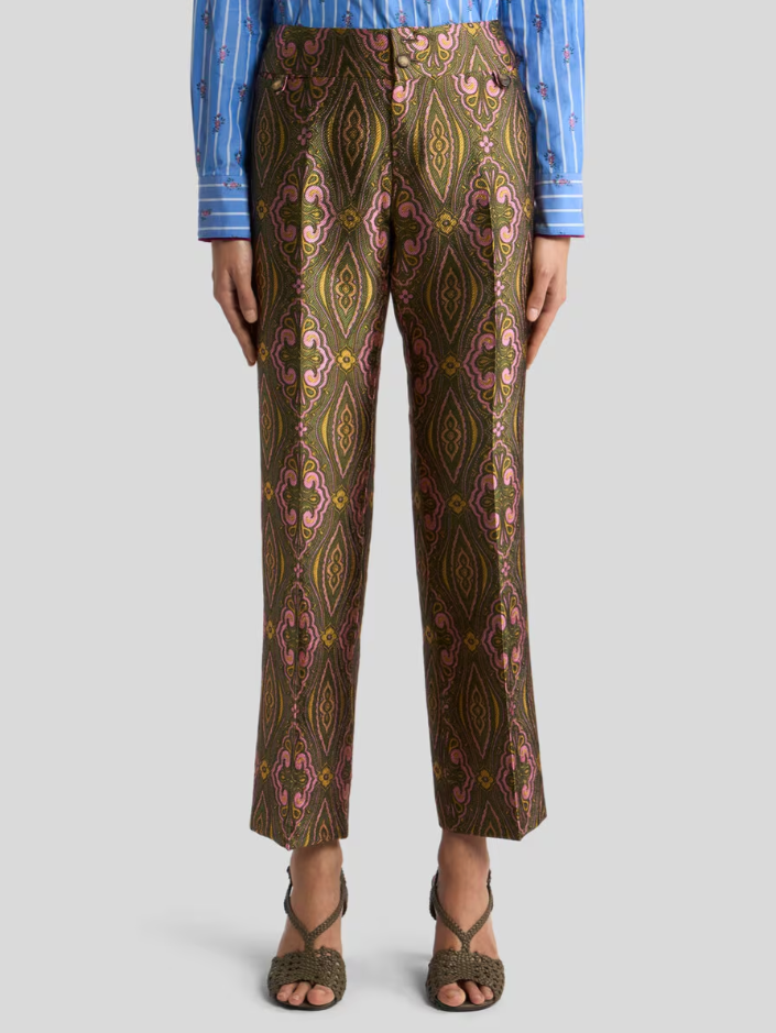 JACQUARD TROUSERS WITH FLORAL MEDALLION MOTIF