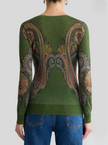 SILK CASHMERE SWEATER WITH VNECK AND PLACED PAISLEY PRINT