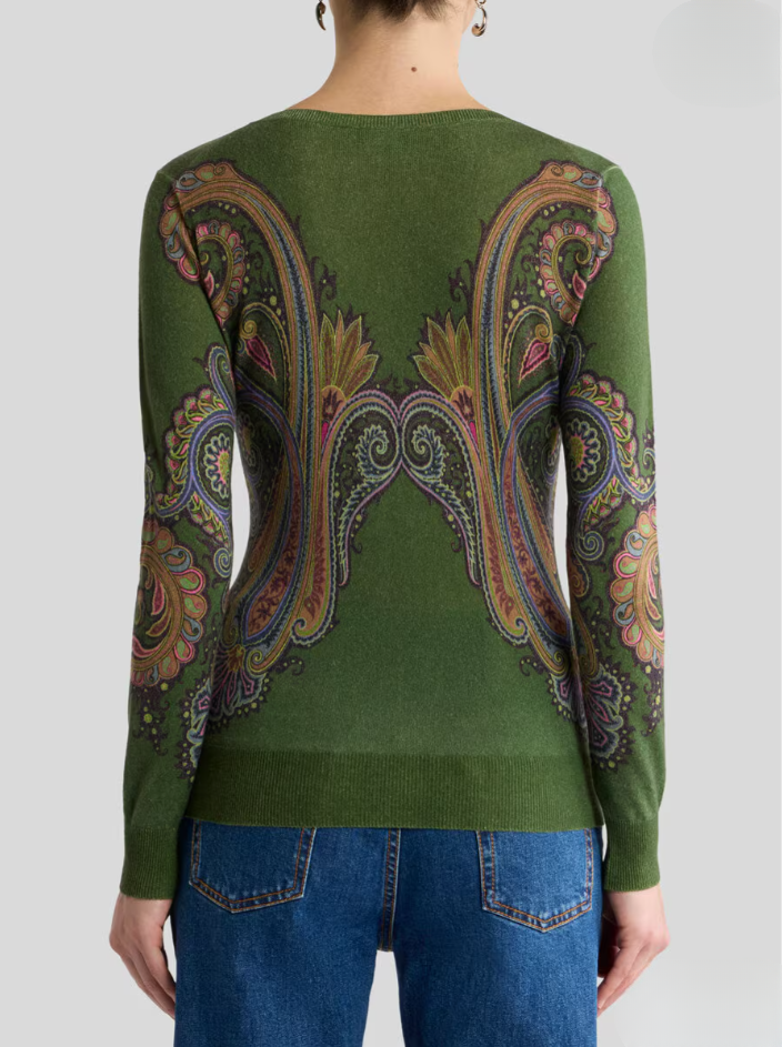 SILK CASHMERE SWEATER WITH VNECK AND PLACED PAISLEY PRINT