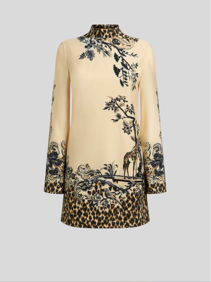 ENVERS SATIN MINI DRESS WITH FRONT PRINT AND LEOPARD MOTIF