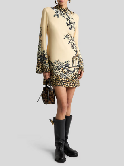 ENVERS SATIN MINI DRESS WITH FRONT PRINT AND LEOPARD MOTIF