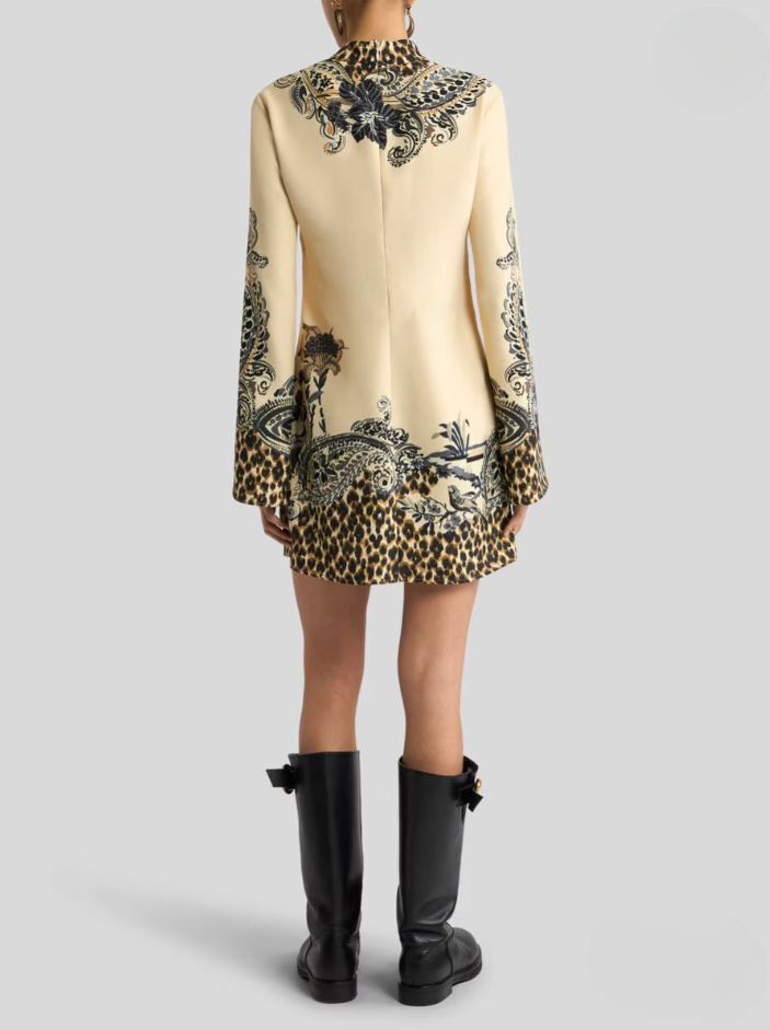 ENVERS SATIN MINI DRESS WITH FRONT PRINT AND LEOPARD MOTIF