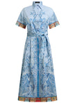 SHORT SLEEVE COTTON PRINTED TIE WAIST MIDI DRESS