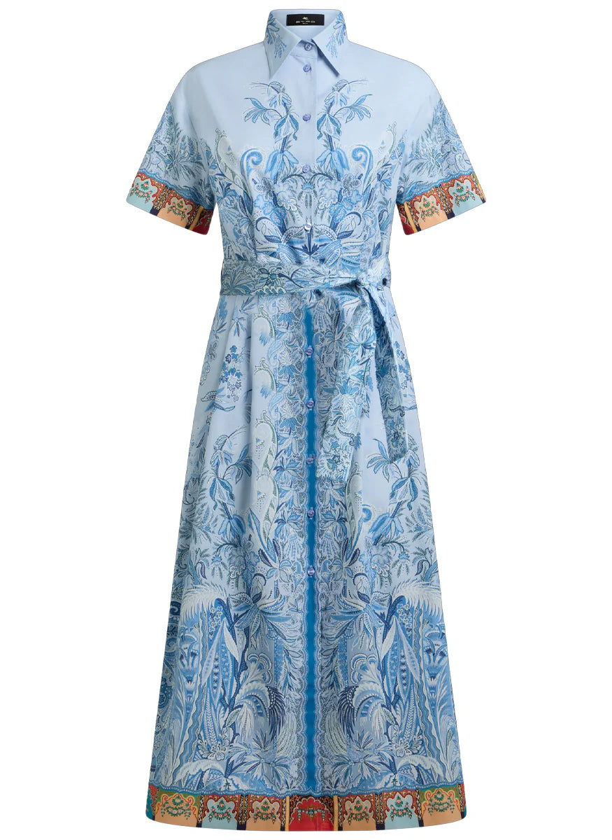 SHORT SLEEVE COTTON PRINTED TIE WAIST MIDI DRESS