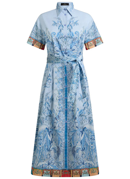 SHORT SLEEVE COTTON PRINTED TIE WAIST MIDI DRESS