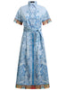 SHORT SLEEVE COTTON PRINTED TIE WAIST MIDI DRESS