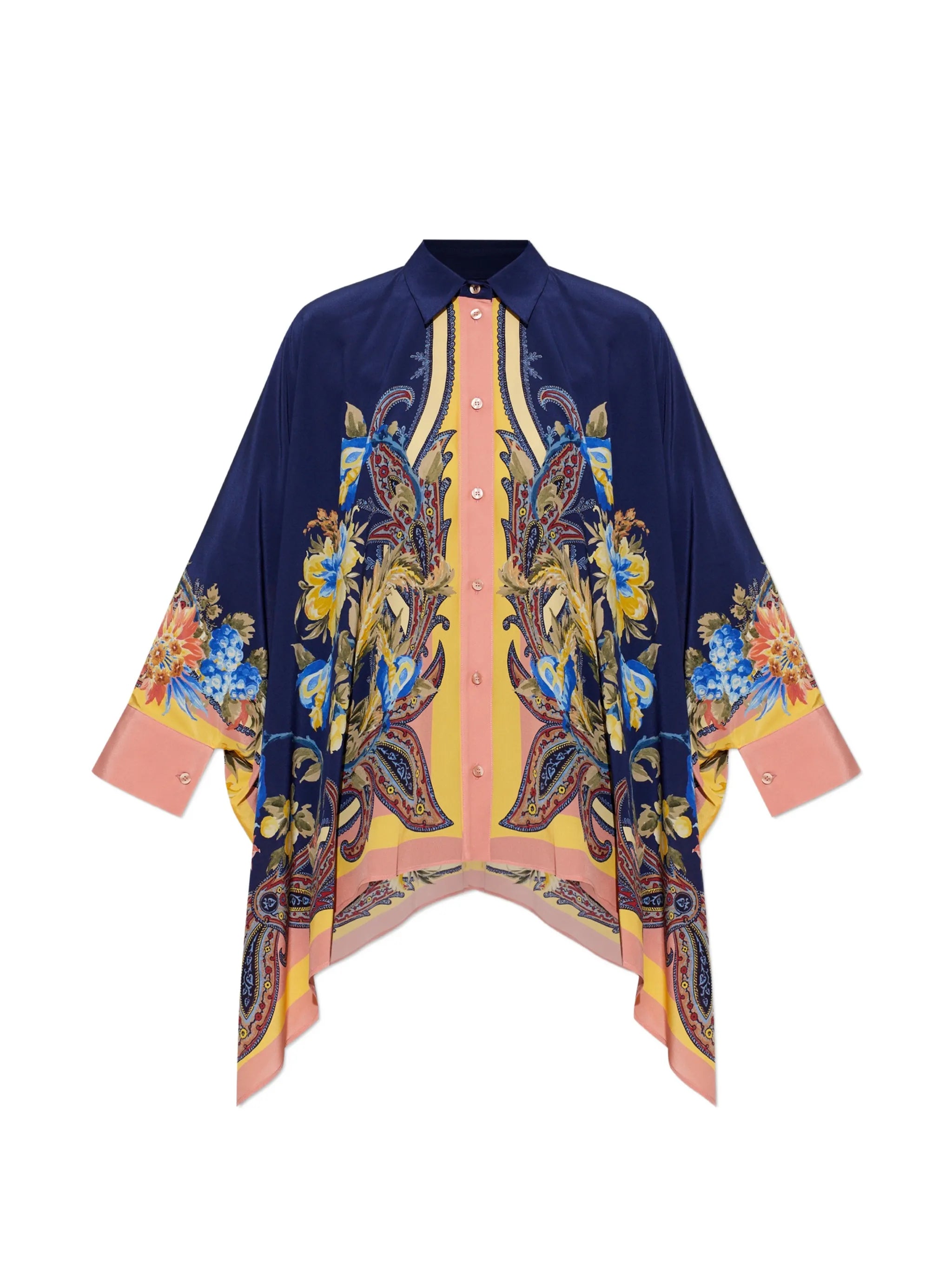 SILK SHIRT WITH HANKY HEM AND PLACED PAISLEY PRINT
