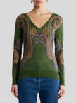 SILK CASHMERE SWEATER WITH VNECK AND PLACED PAISLEY PRINT