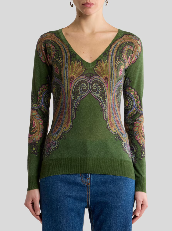 SILK CASHMERE SWEATER WITH VNECK AND PLACED PAISLEY PRINT