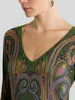 SILK CASHMERE SWEATER WITH VNECK AND PLACED PAISLEY PRINT
