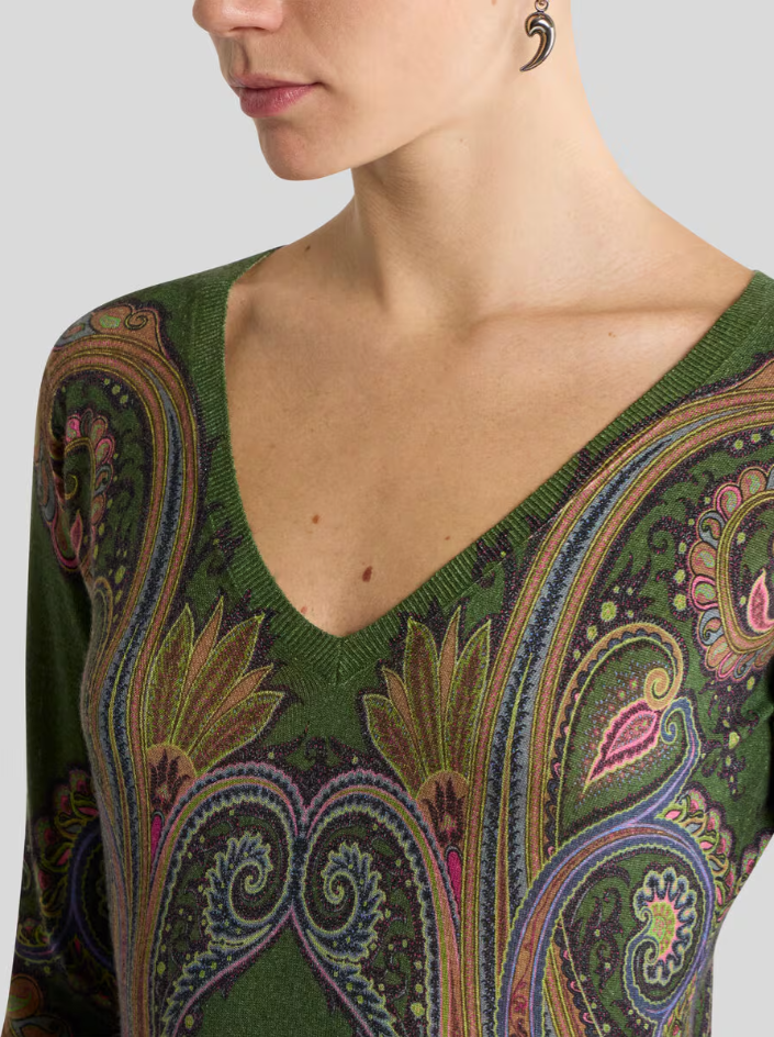 SILK CASHMERE SWEATER WITH VNECK AND PLACED PAISLEY PRINT