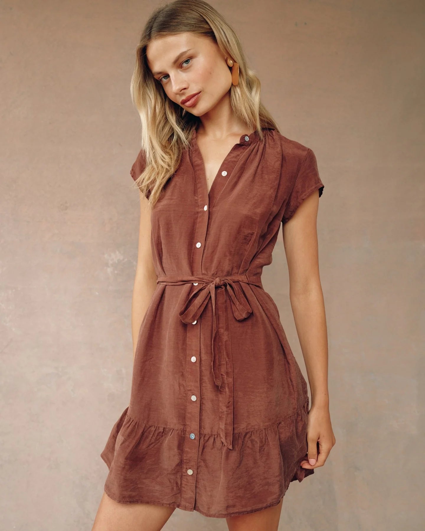 CAP SLEEVE RUFFLE HEM SHIRT DRESS