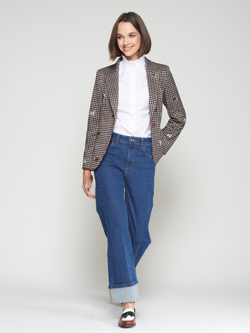 DOG EMBROIDERED HOUNDSTOOTH PRINT BLAZER