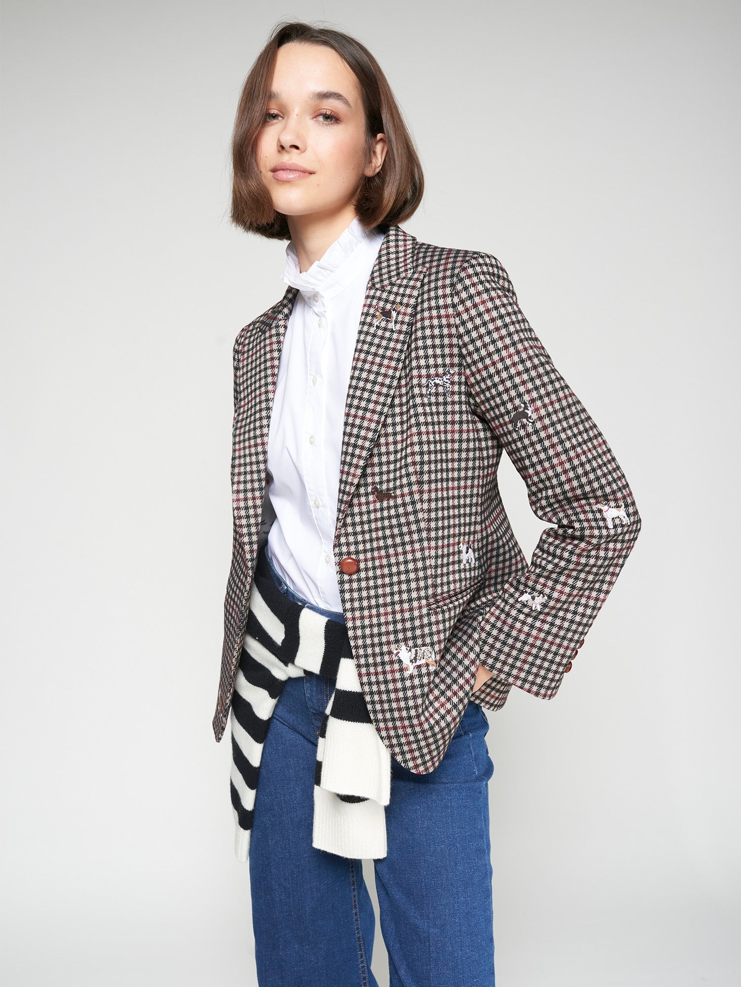 DOG EMBROIDERED HOUNDSTOOTH PRINT BLAZER