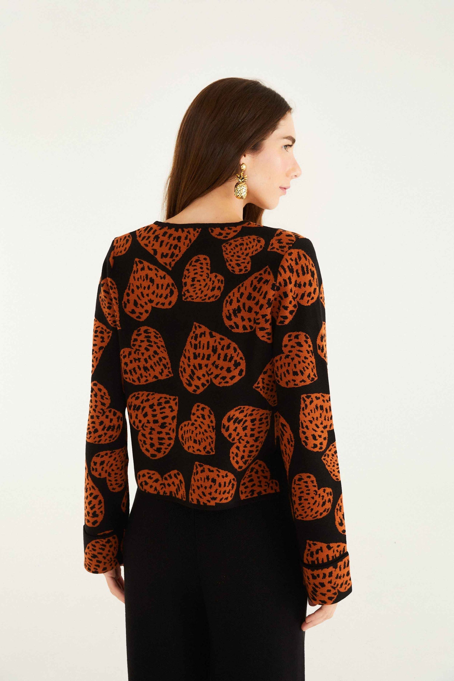 BLACK LEOPARD HEARTS FRONT TIES KNIT CARDIGAN