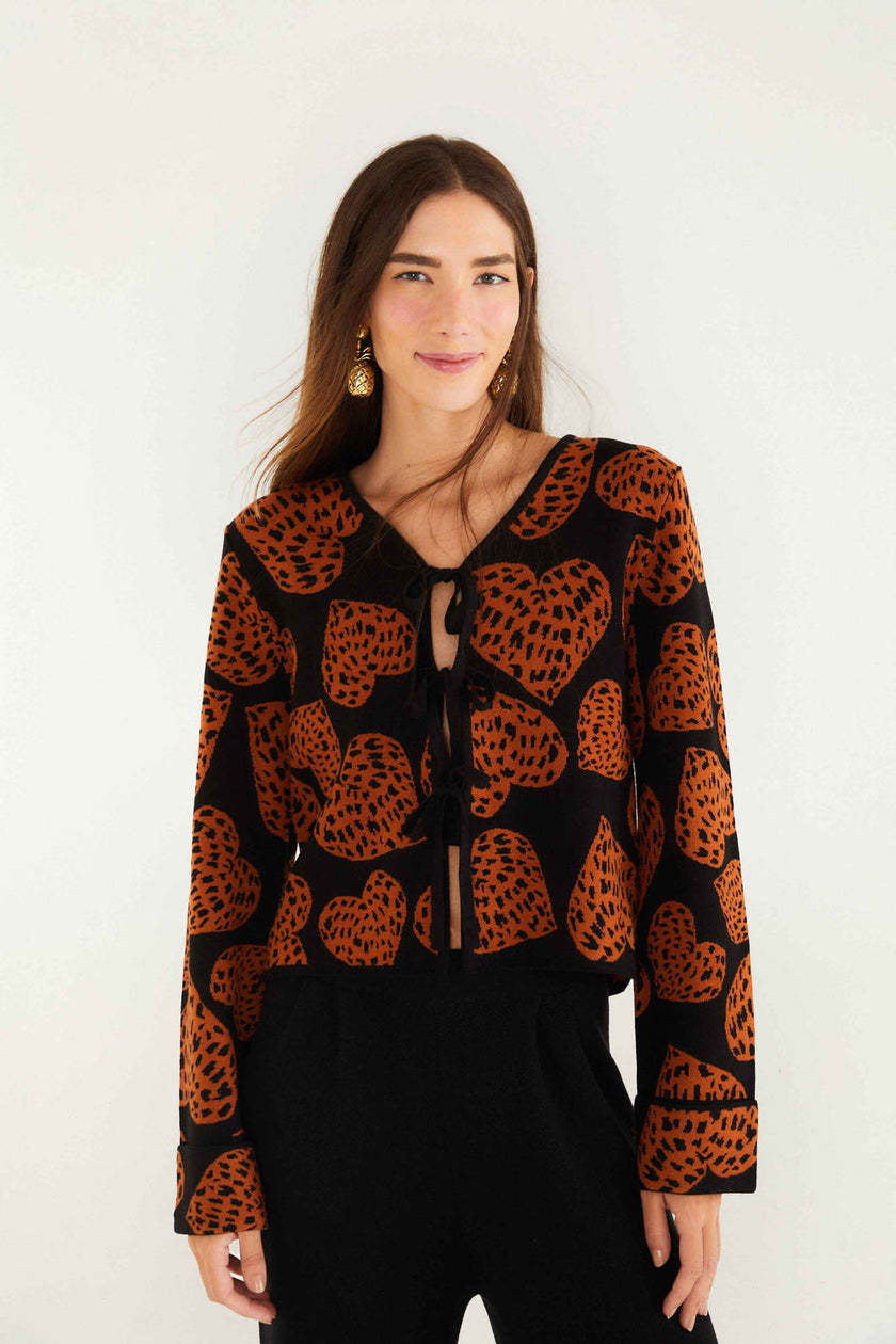 BLACK LEOPARD HEARTS FRONT TIES KNIT CARDIGAN