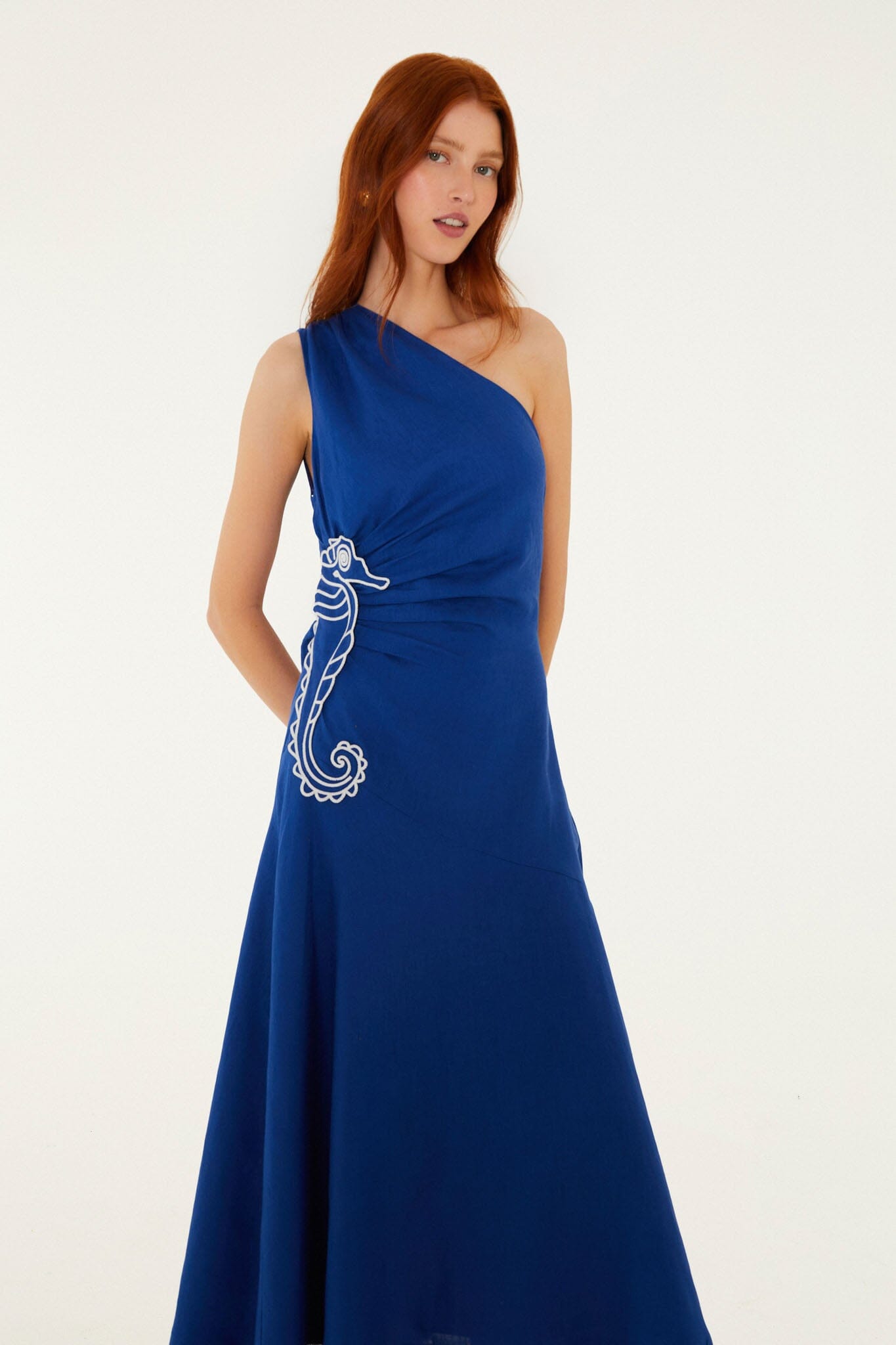 BLUE SEAHORSE EMBROIDERY ONE SHOULDER MAXI DRESS