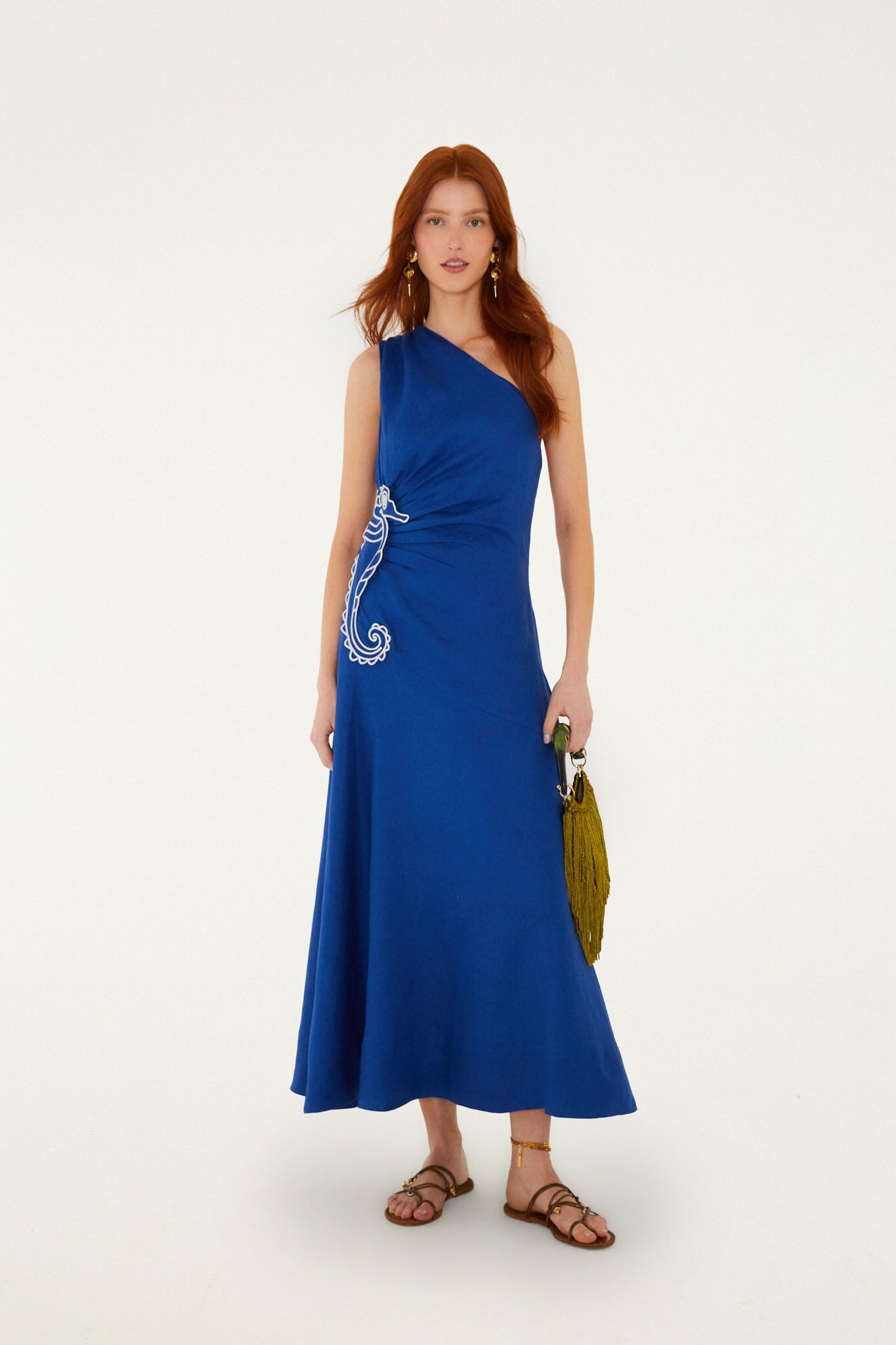 BLUE SEAHORSE EMBROIDERY ONE SHOULDER MAXI DRESS
