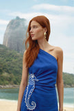 BLUE SEAHORSE EMBROIDERY ONE SHOULDER MAXI DRESS