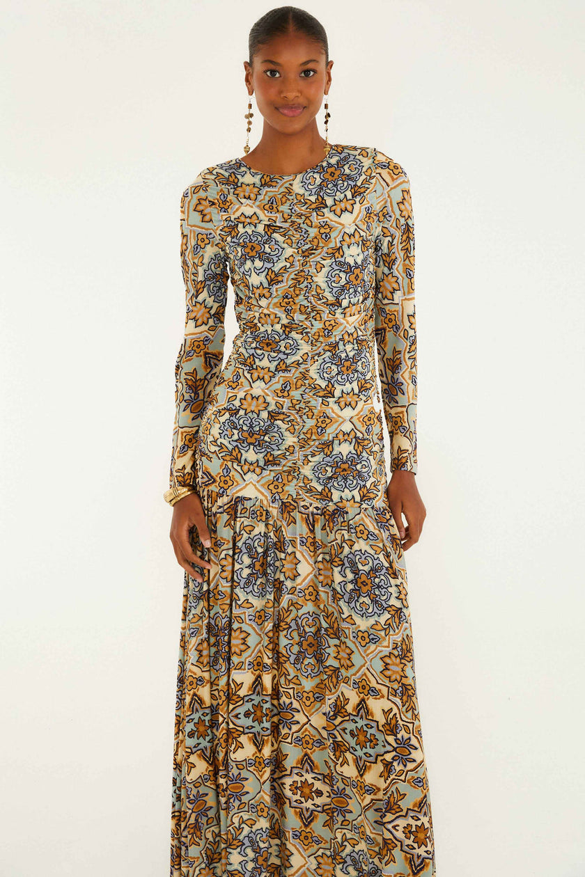 BLUE WINTER TAPESTRY LONG SLEEVE MAXI DRESS