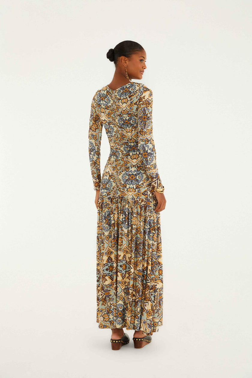 BLUE WINTER TAPESTRY LONG SLEEVE MAXI DRESS