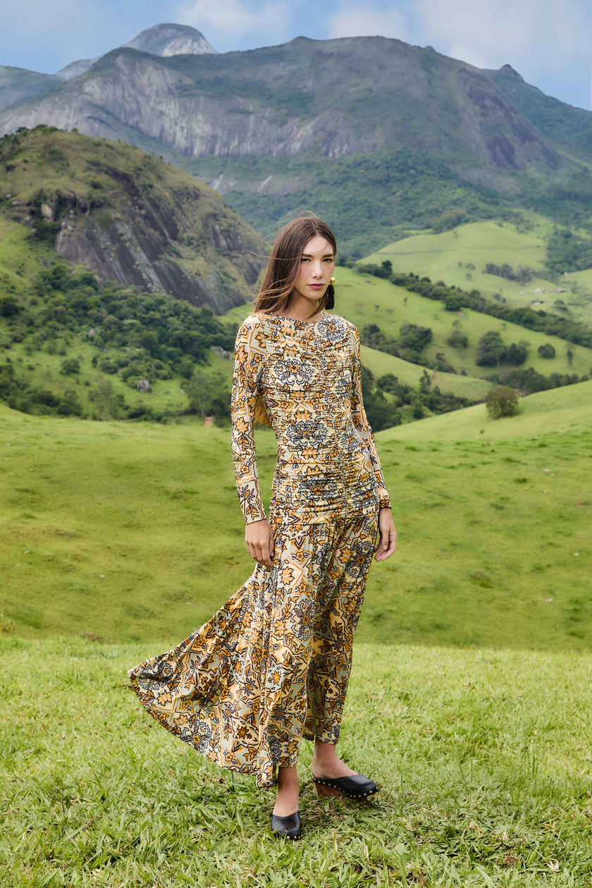 BLUE WINTER TAPESTRY LONG SLEEVE MAXI DRESS