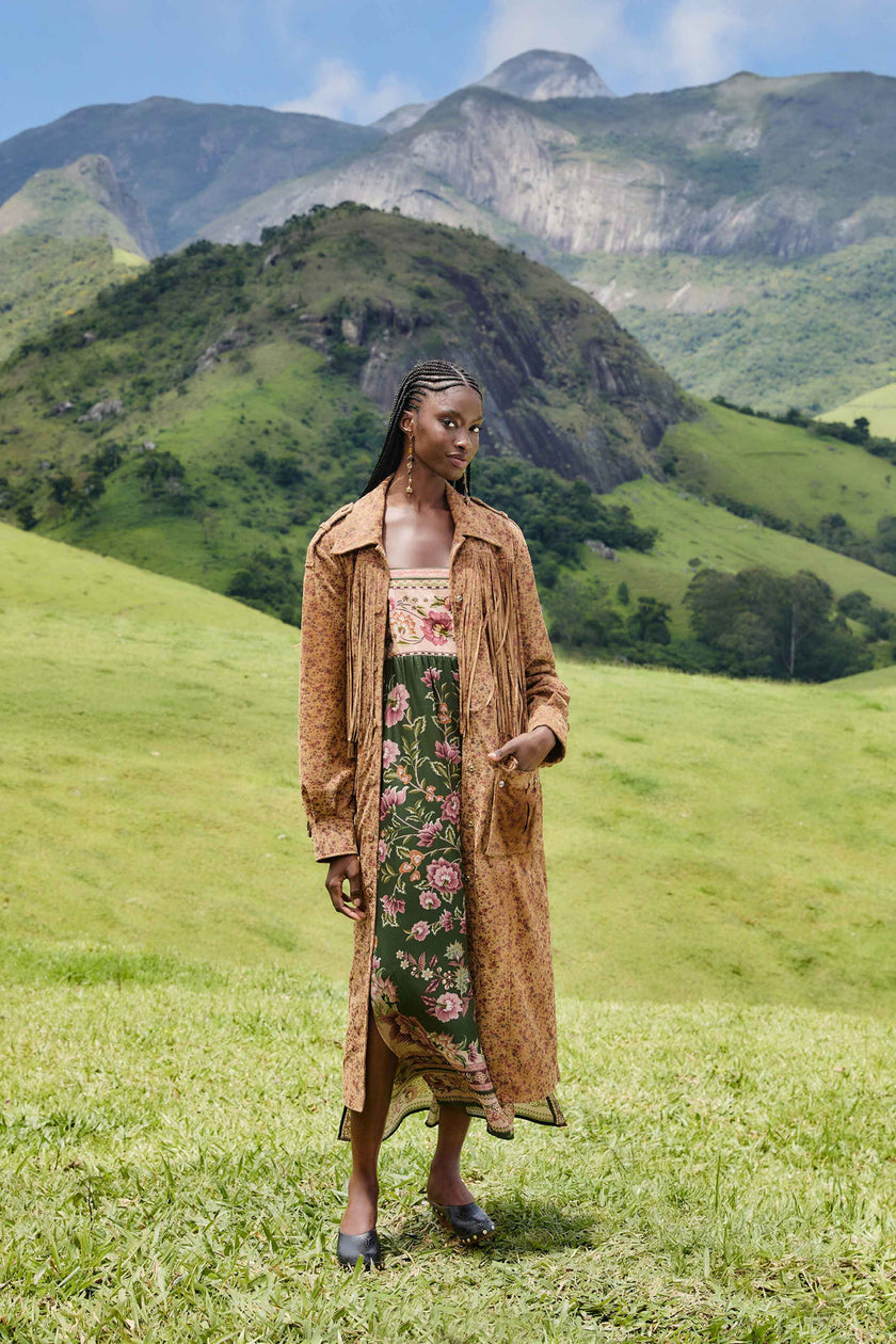 GREEN FLOWERING GARDEN TREE SLEEVELESS MIDI DRESS