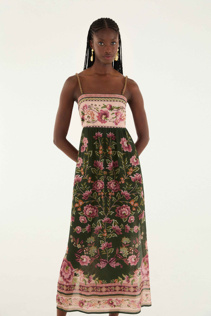 GREEN FLOWERING GARDEN TREE SLEEVELESS MIDI DRESS