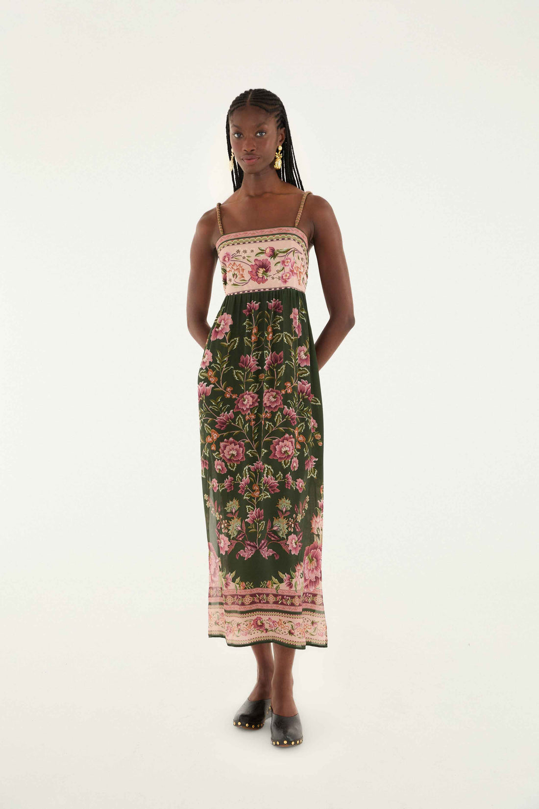 GREEN FLOWERING GARDEN TREE SLEEVELESS MIDI DRESS