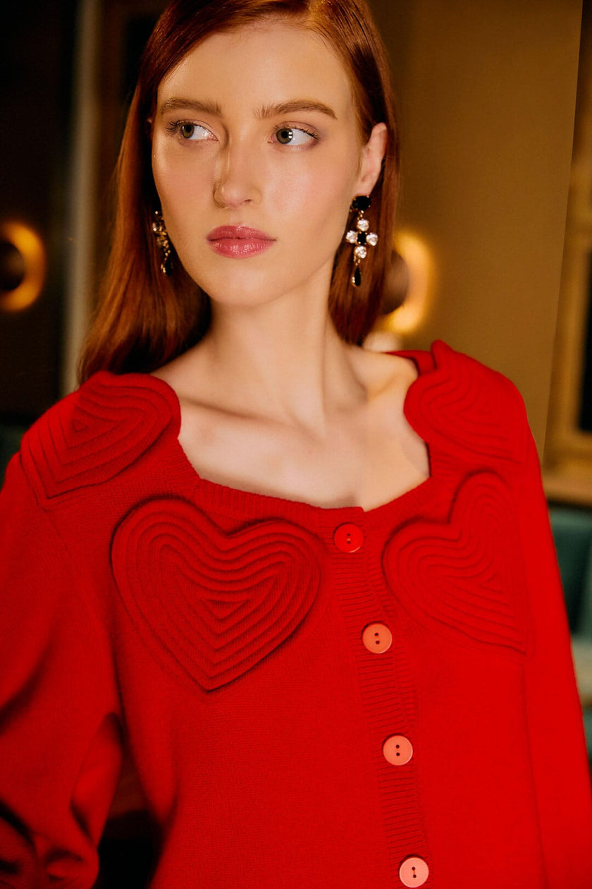 RED 3D HEARTFUL PUFF SLEEVE KNIT CARDIGAN