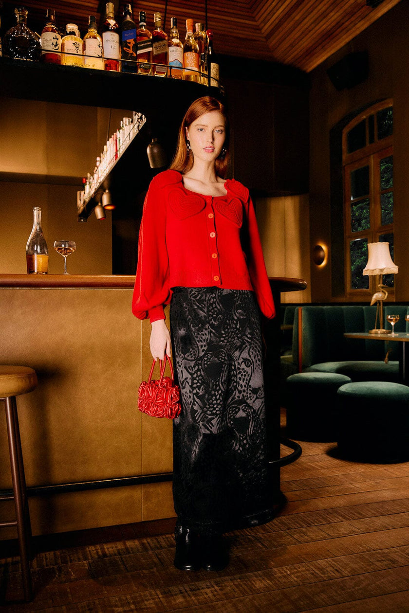 RED 3D HEARTFUL PUFF SLEEVE KNIT CARDIGAN