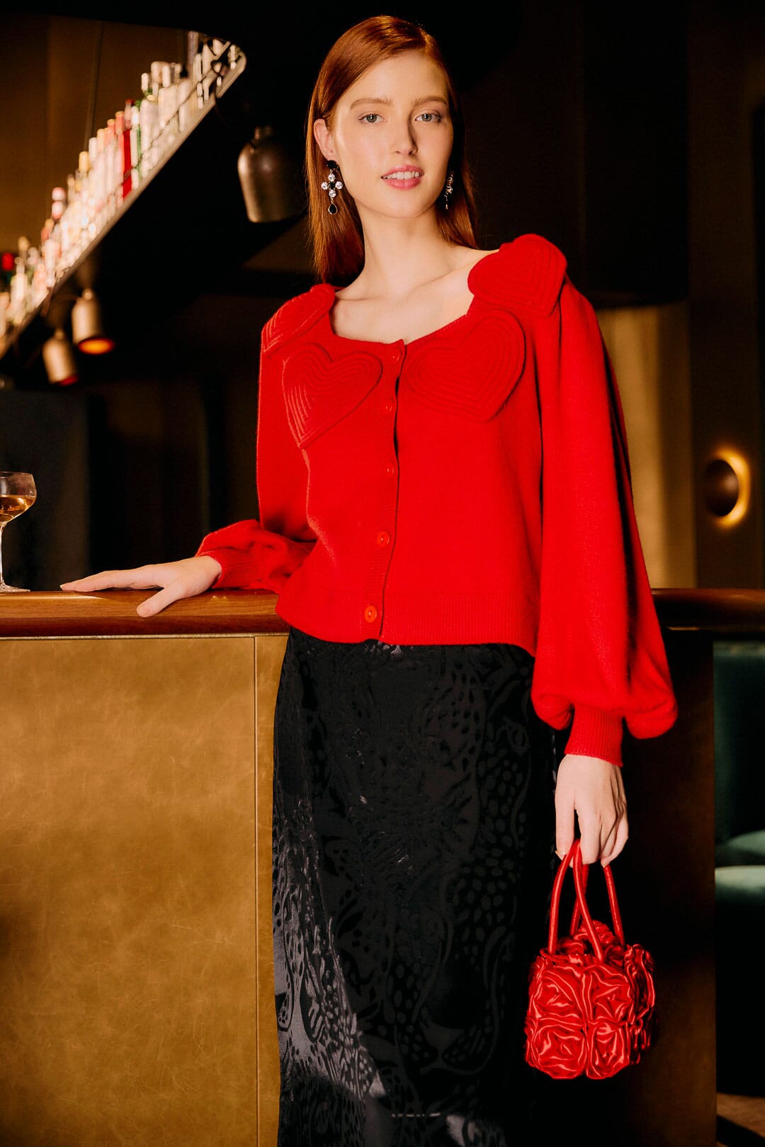 RED 3D HEARTFUL PUFF SLEEVE KNIT CARDIGAN