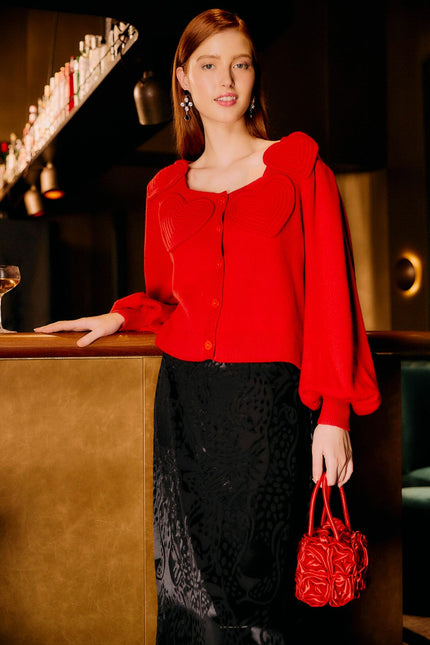 RED 3D HEARTFUL PUFF SLEEVE KNIT CARDIGAN