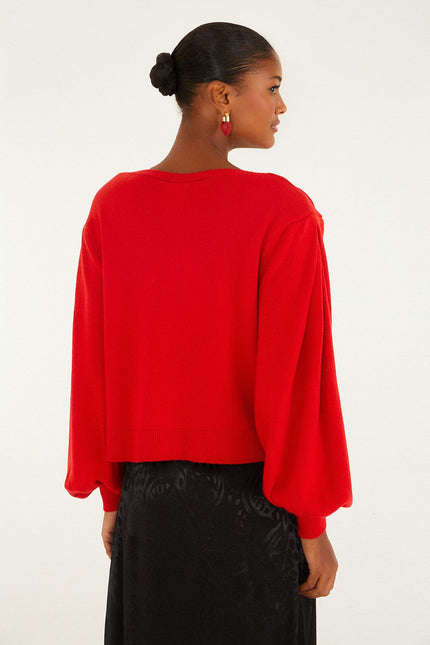 RED 3D HEARTFUL PUFF SLEEVE KNIT CARDIGAN