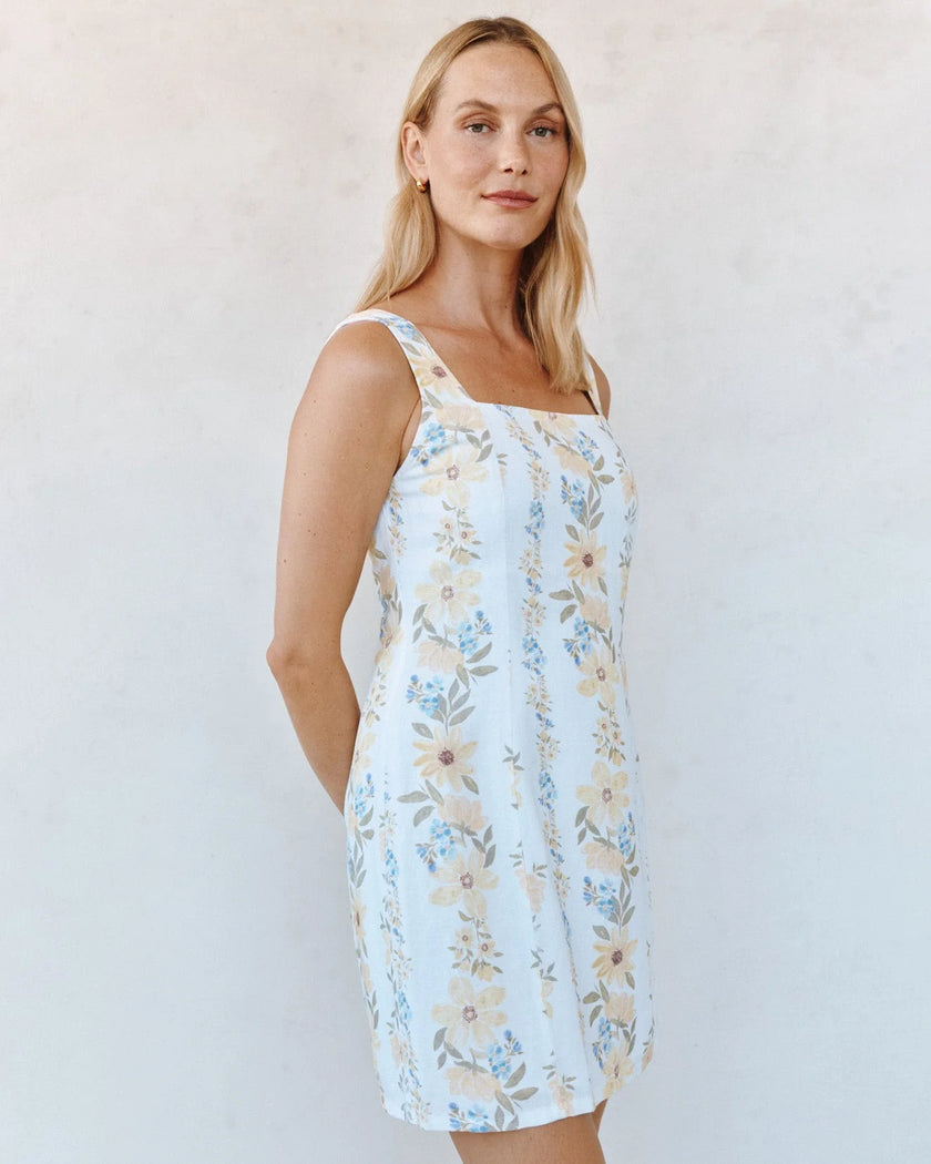 FITTED SMOCKED BACK MINI DRESS IN WILDFLOWER STRIPES PRINT