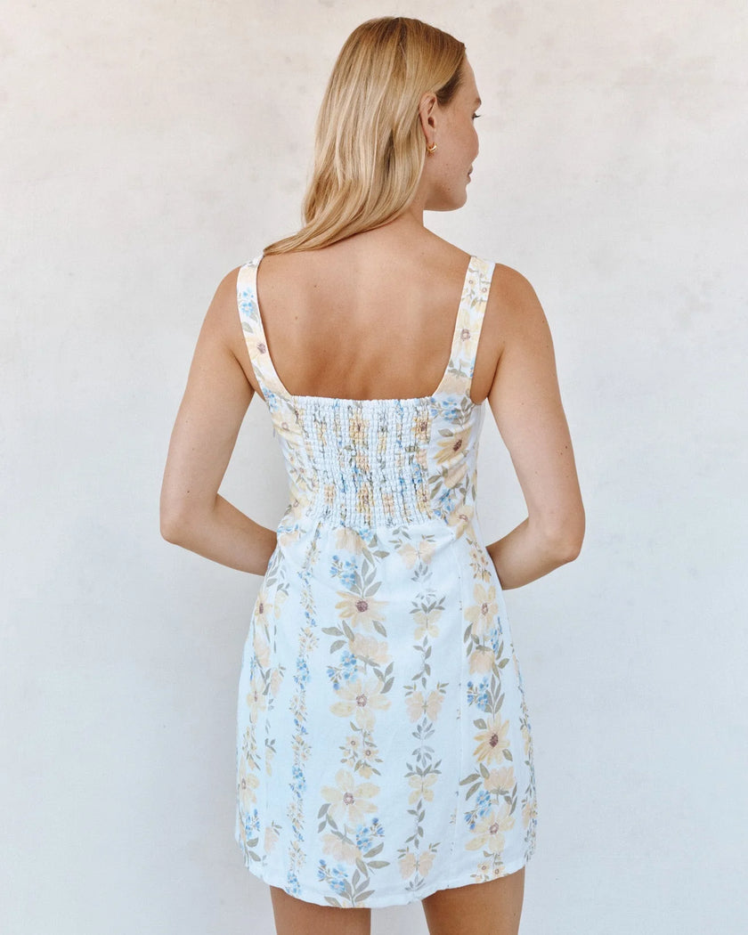 FITTED SMOCKED BACK MINI DRESS IN WILDFLOWER STRIPES PRINT