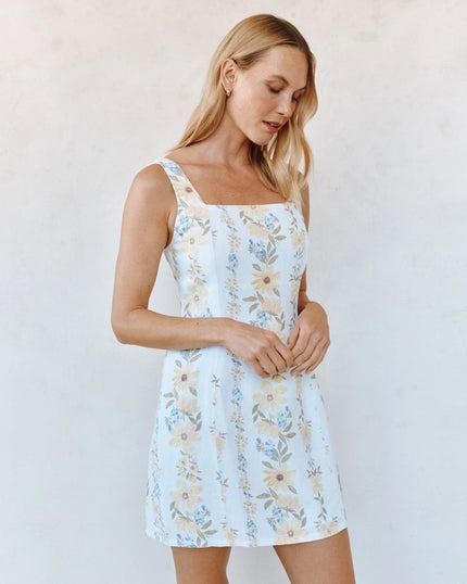 FITTED SMOCKED BACK MINI DRESS IN WILDFLOWER STRIPES PRINT