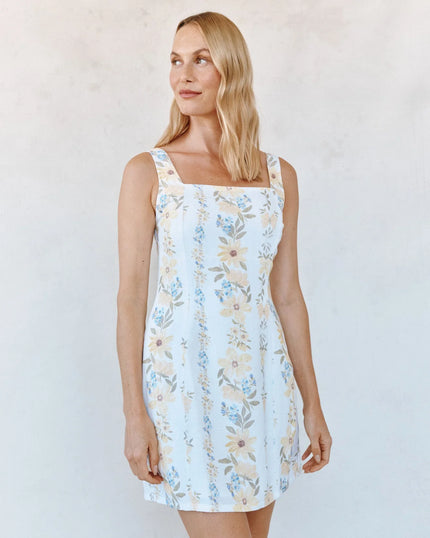 FITTED SMOCKED BACK MINI DRESS IN WILDFLOWER STRIPES PRINT