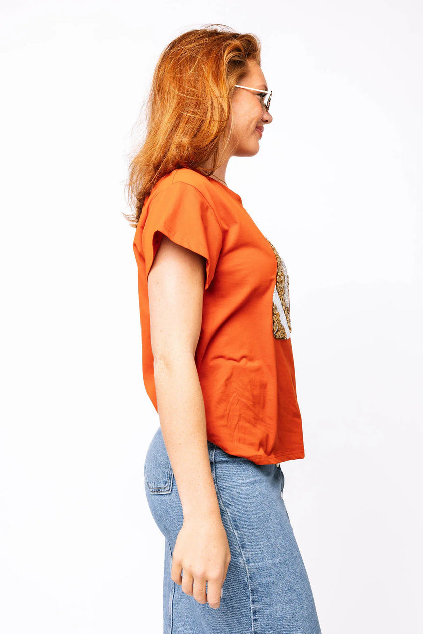 BURNT ORANGE JEWELED FOOTBALL TEE