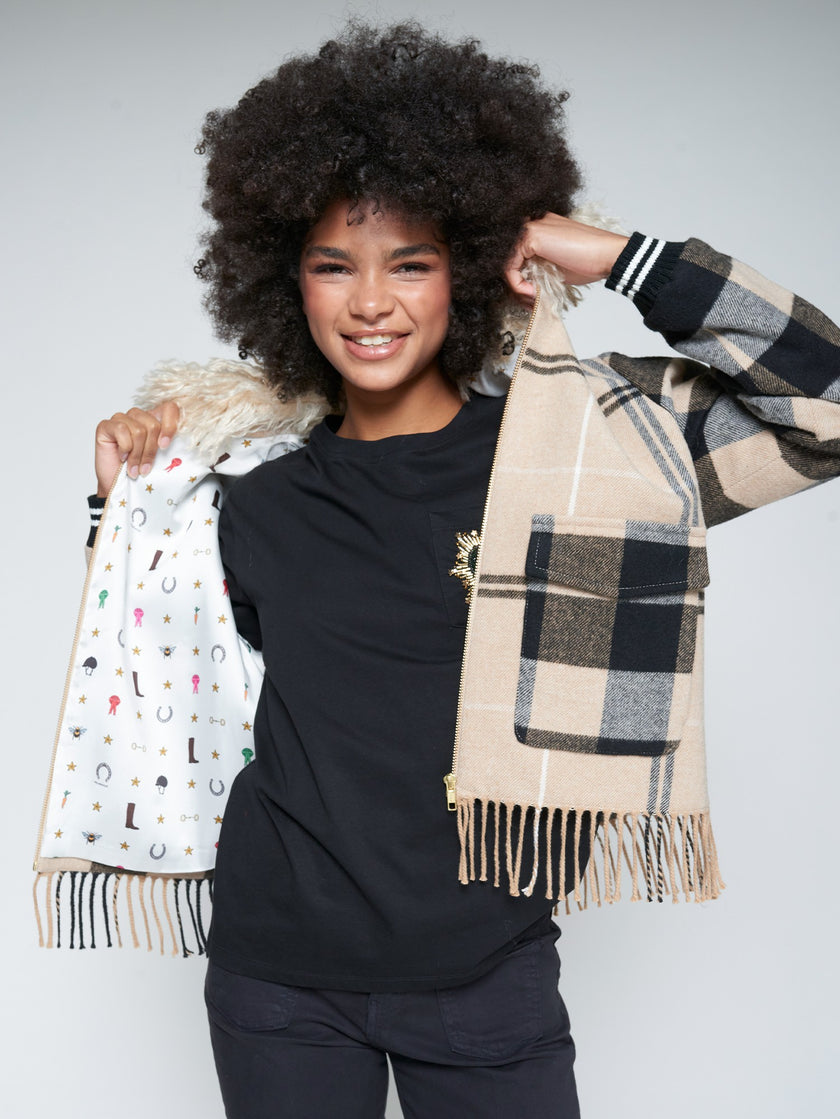 CHECKED WOOL BOMBER WITH FRINGES